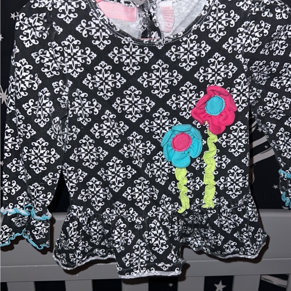 Red Headquarters Black and White Top with Floral Design